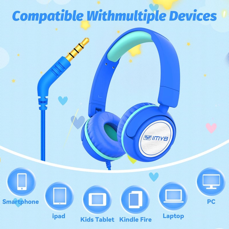 IMYB V1 Kids Headphones, Wired Stereo Foldable Tangle-Free 3.5mm Adjustable On-Ear Headphones for Kids for School/Toddlers/Childrens/Teens/Boys/Girls/Ipad/Tablet/Kindle/Phones/Travel/Plane (Blue-RV) - Image 5